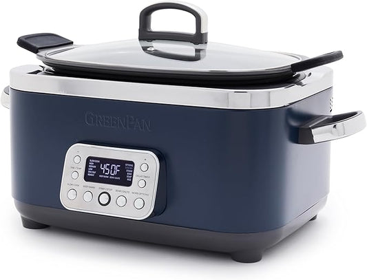 GreenPan Elite 14-in-1 Nonstick 6QT Electric Slow Cooker, PFAS-Free Ceramic Multi-Cooker, In-Pot Browning, Dishwasher Safe Lid & Removable Crock, Stainless Steel Steamer, Silicone Handles, Oxford Blue