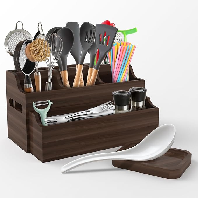 2-in-1 Large Wooden Utensil Holder for Kitchen Counter - Modular Stackable Cooking Utensil Organizer with Diatomite Absorbent Mat & Spoon Rest - Wall Mount Spatula Caddy & Silverware Storage