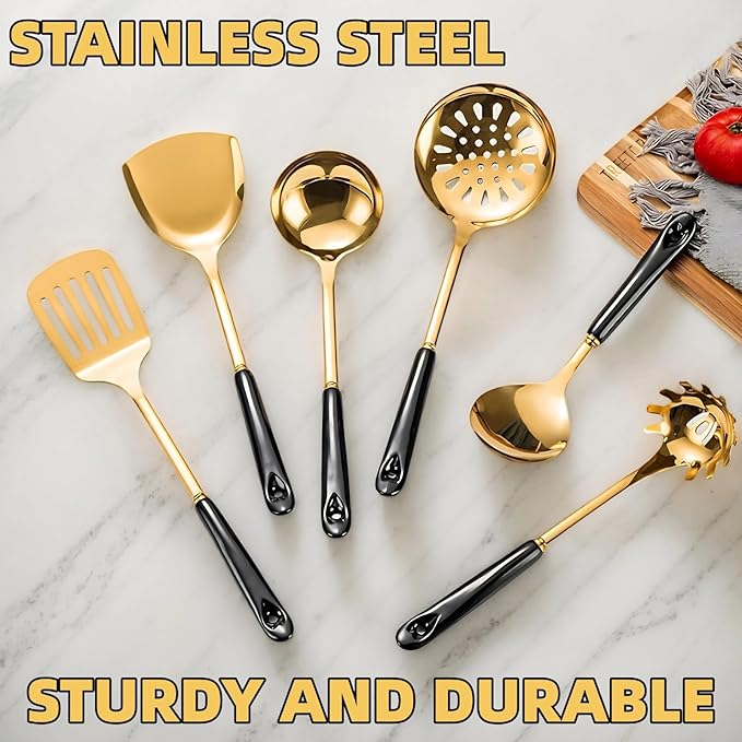 Novellus Stainless Steel Gold Kitchen Utensils Set with Holder, 7pcs Kitchen Accessories for Cooking, Household Utensils Includes Soup Ladle, Spatulas, Slotted Spoon, Pasta Spoon, Black & Gold