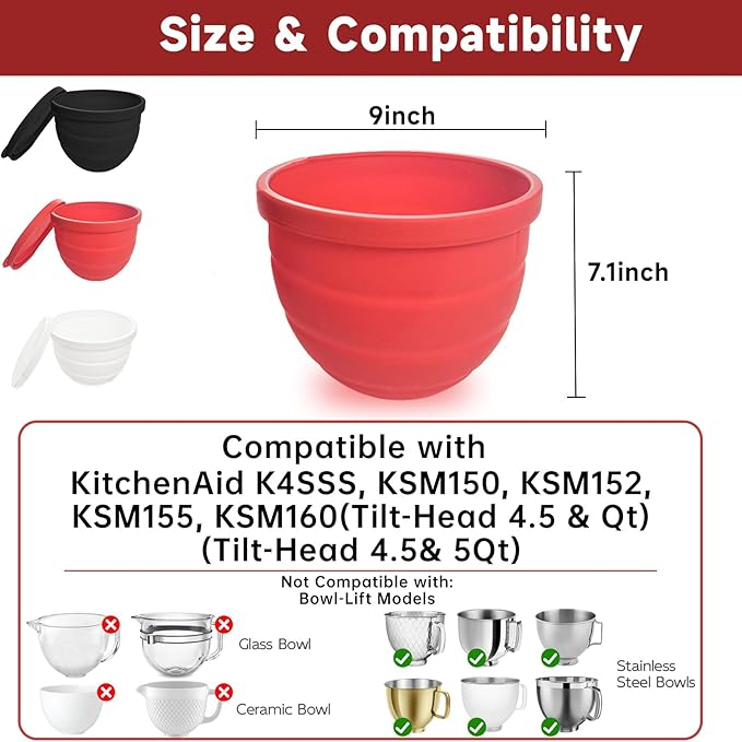 Silicone Bowl Liners for Kitchen 5Qt Tilt-Head Stand Mixers, Mixing Bowl Inserts with Lids, Non-Stick & Heat Resistant, Mixer Accessories Not for Bowl-Lift Models, Replacement Liners set of 3