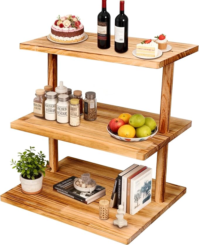 Upgraded Countertop Coffee Station Organizer, 3 Tier Wooden Shelf for Coffee Bar Accessories, Condiment Storage Caddy for Kitchen, Display Rack for Cupcake Tea Cups Kitchen Office