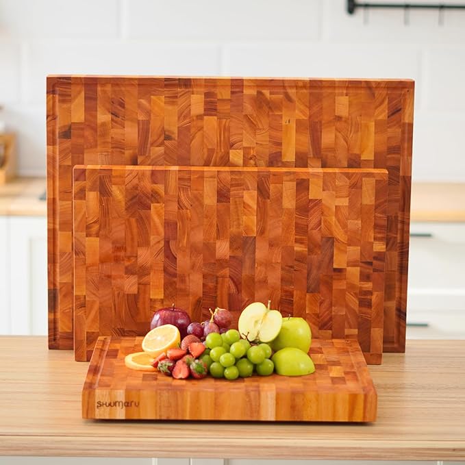 SHUMARU Mahogany End-Grain Wood Cutting Board – 20×13×1.6″ Butcher Block | Handmade in Bali – Silky-Smooth, Knife‑Friendly, Ergonomic Grips & Non‑Slip Feet