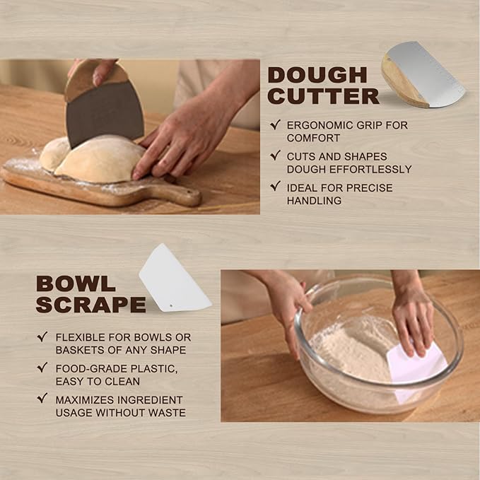 Round & Oval Rattan Banneton Basket Gift Kit with Accessories - Sourdough Bread Proofing Supplies (9" & 10", Liners, Scrapers, Lame) Natural for Home Bakers