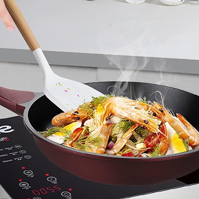 Dark Blue Silicone Kitchen Cooking Utensils Set, Heat Resistant Gadgets with Wooden Handle, Silicone Spoons, Spatula, Whisk for Nonstick Cookware