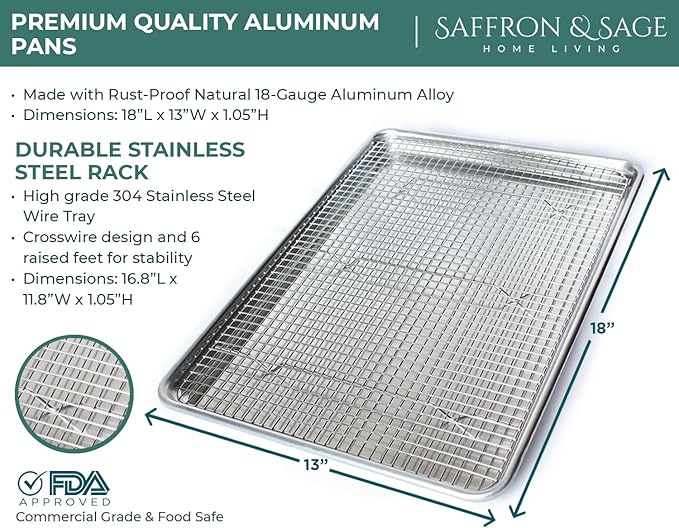 Commercial Quality Cookie Sheet Pan - 2 Pack Aluminum Half Sheet Baking Pan by Saffron & Sage Home Living - This 18x13 Baking Sheet Set is Rust & Warp Resistant, Heavy Duty, of Thick Gauge