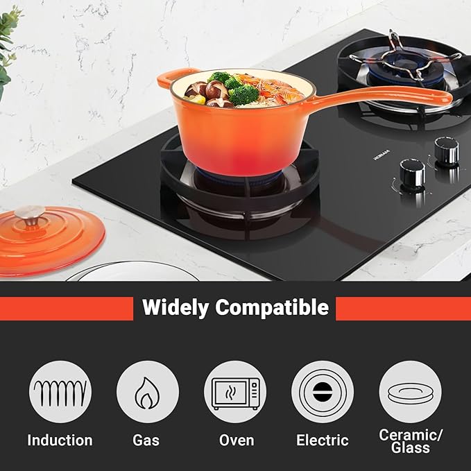 Enameled Cast Iron Sauce Pan, 2 Quarts Round Sauce Pot with Lid, Mini Dutch Oven Enamel Saucepan for Cooking Pasta Sauce, Marinate, Cook, Refrigerate and Serve, Flame Orange