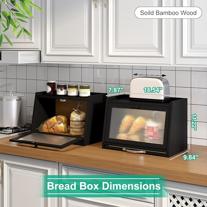 Bread Box with Cutting Board, Bamboo Bread Box for Kitchen Counter, Bread Storage Container with Wavy Arcylic Transparent Door (Black)