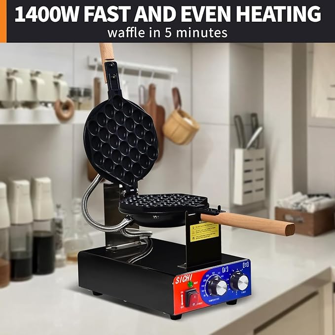 Bubble Waffle Maker - Commercial Egg Waffle Maker w/Non-stick, Temperature and Timers, 1400W Hong Kong Egg Waffle Iron w/Rotating Baking Pan, Stainless Steel Bubble Waffle Machine Restaurants