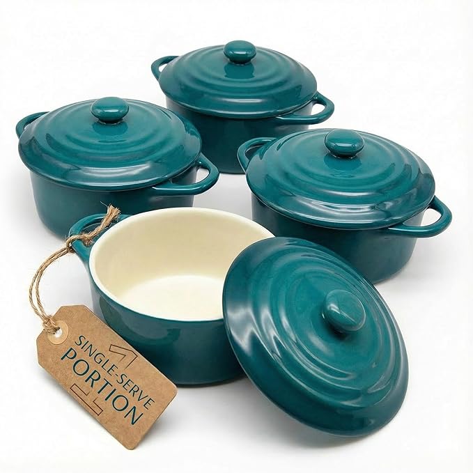 Kook Ceramic Mini Cocotte Set, Small Casserole Dishes with Lids and Handles, Individual Baking Ramekins, Oven safe 500F, Microwave & Dishwasher Safe, Stoneware, 12 oz, Set of 4, (Aqua Ombre)