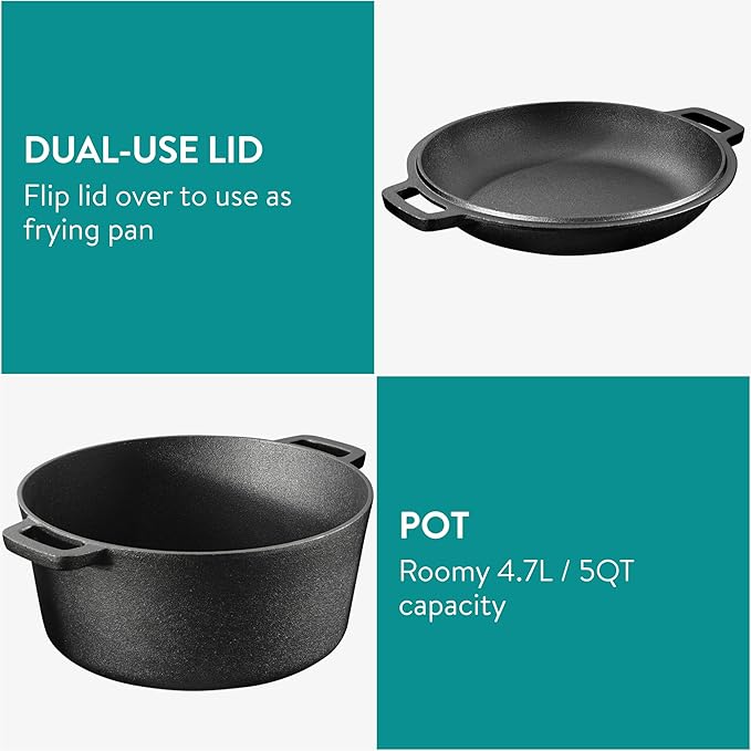 Navaris Cast Iron Casserole Dish Pot 5QT / 10.2" (4.7L / 26cm) - Dutch Oven for Bread Making - Pre-Seasoned Cast Iron Pot with Lid Usable as Frying Pan