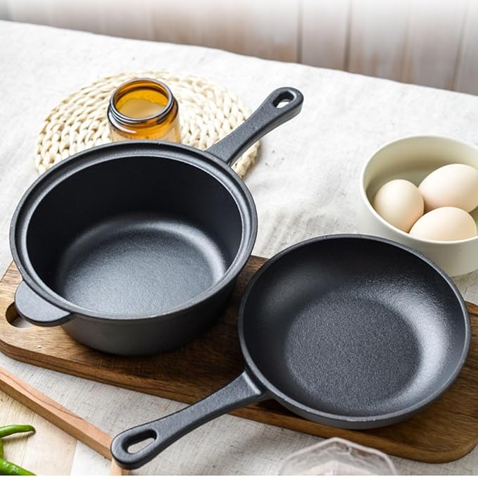 1.6 Quart Cast Iron Pot, Cast Iron Saucepan, 2-in-1 Pre-Seasoned Cast Iron Dutch Oven Pot Set with 6.5Inch Frying Cast iron skillet, Camping Cookware & Sauce Pan for Indoor & Outdoor Recipes