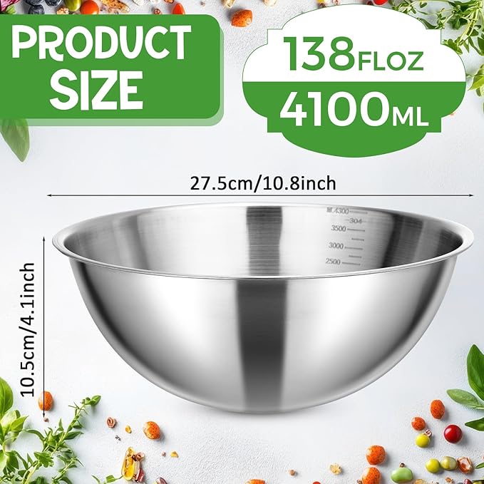 Honeydak 6 Pcs 304 Stainless Steel Mixing Bowls with Graduations, Salad Bowls Metal Serving Reusable Baking Food Storage Containers for Baking Cooking Salads Soups Ice Cream Noodles (54 oz)