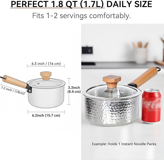 Tri-Ply Stainless Steel Saucepan with Lid, 1.8 Quart - Heavy-Gauge Hammered Exterior, Smooth Interior Milk Pot. Induction Ready Cookware for Ramen, Sauces, Noodles. Stay-Cool Wood Handle