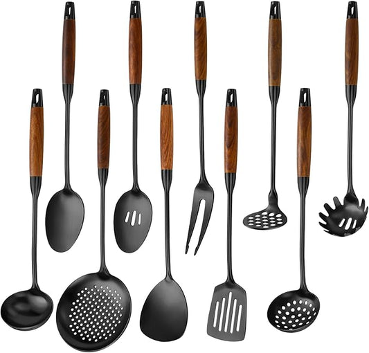 18/10 Stainless Steel Kitchen Utensils Set with Wood Handle Metal Cooking Utensils Set 10 Piece - Spatula, Spoon, Ladle, Skimmer, Slotted Turners, Pasta,Turner, Ladl, Fork