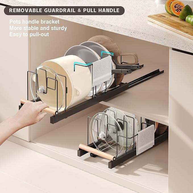 Pull Out Pots and Pans Organizer Under Cabinet, 22" Deep Expandable Pot Lid Organizer and Storage with 10 Adjustable Dividers Adhesive Pot and Pan Holder Rack with Handle Bracket(1 Pack,Black)