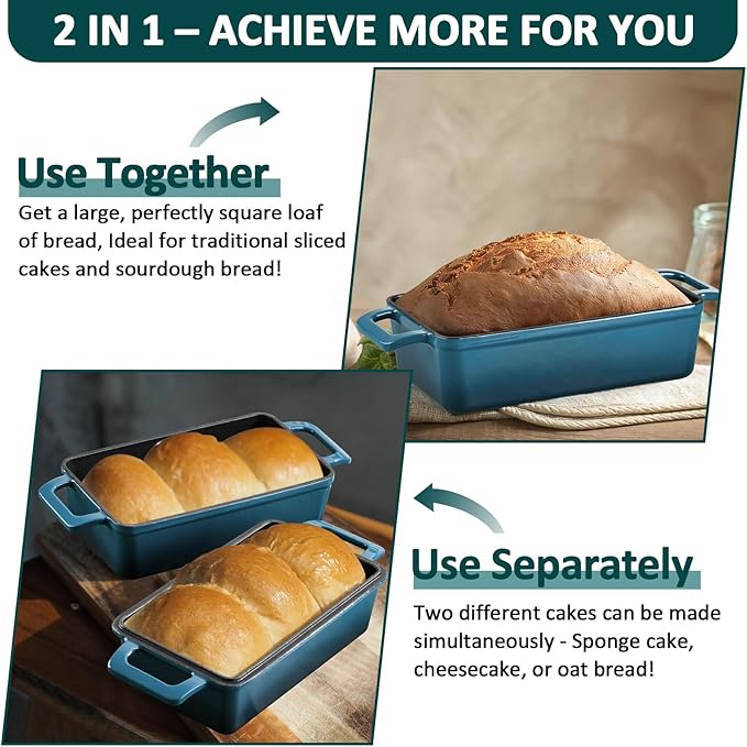 Leonyo 2 Pack Cast Iron Bread Pan with Lid, 2-in-1 Enameled Cast Iron Loaf Pan, 9 x 5 inch Sourdough Baking Pan, Homemade Bread Dutch Oven for Pound Cake, Lasagna, Up to 500℉ & Blackish Green