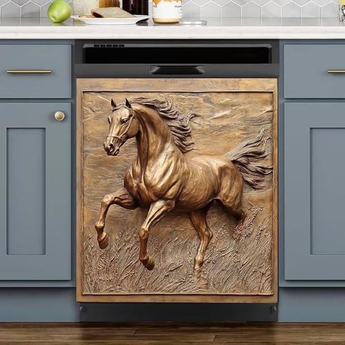 Dishwasher Magnet Cover, Bronze Gold Running Horse Refrigerator Magnetic Vinyl Sticker for Dishwasher Door, Metal Horse Decorative Kitchen Appliance Panel Decal, 23Wx26H Inches