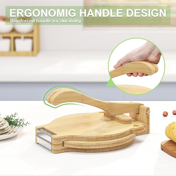 Tortilla Press 10 Inch - Bamboo Quesadilla & Roti Maker with Parchment Paper Sheets & Dough Cutter for Homemade Flour Corn Tortilla, Wood Tortillera Pataconera Tortilla Maker for Home Baking