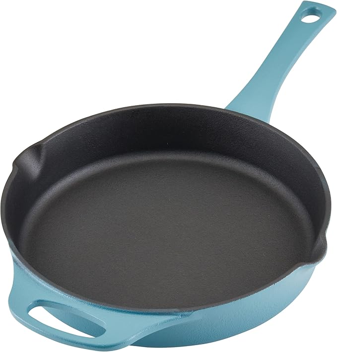 Rachael Ray NITRO Cast Iron Fryin Pan/Skillet with Helper Handle and Pour Spouts, 12 Inch - Agave Blue
