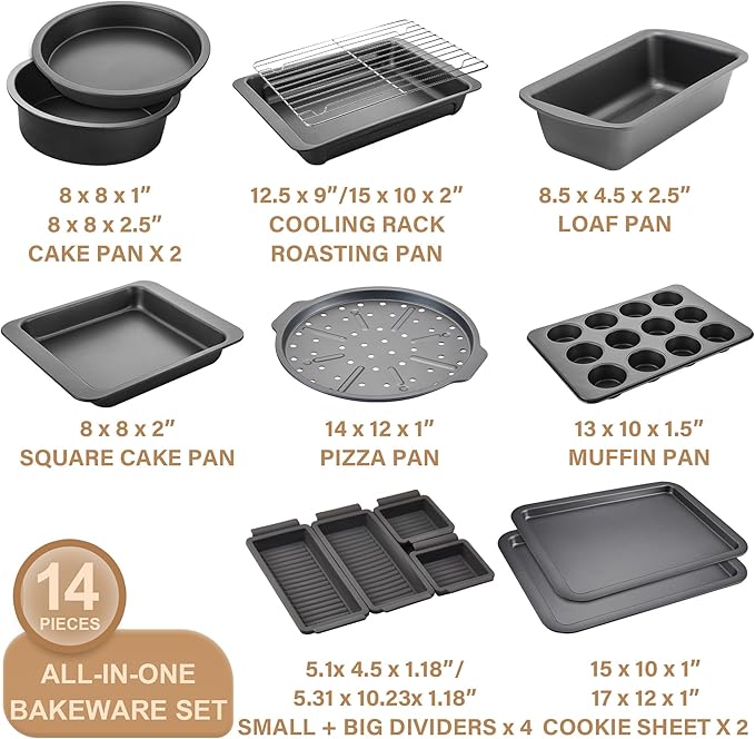 HONGBAKE Bakeware Sets, Baking Pans Set with Reusable Silicone Sheet Trays Dividers, Nonstick Oven Pan with Wider Grips, 14-Piece Including Rack, Cookie Sheet, Cake, Loaf, Muffin, Pizza Pan