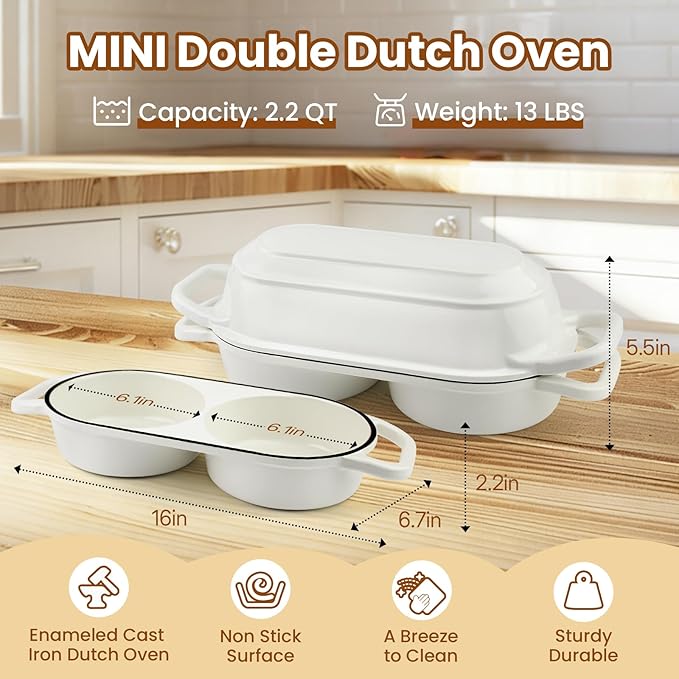 YONILL Mini Double Dutch Oven for Sourdough Bread Baking - Enameled Cast Iron Dutch Oven Pot with Lid and 5" Banneton Bread Proofing Basket Kit, Dual Round Bread Loaf Pan for Homemade Baking (White)