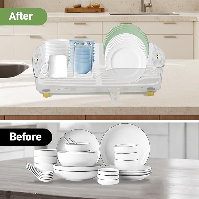 Dish Drying Rack, Plastic Dish Rack, Large Capacity Dish Drainer Rack, Space Saving Plate Drying Rack, Clear Kitchen Draining Rack for Chopsticks Bowl Plate Spoon (White)