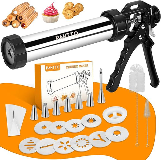 Churro Maker Machine, Stainless Steel Churros Gun Kit, 3-in-1 Multifunctional Cookie Press Hollow Churro with Piping Bag, 7 Piping Nozzles, 9 Cookie Discs & 2 Brushes, Easy to Clean