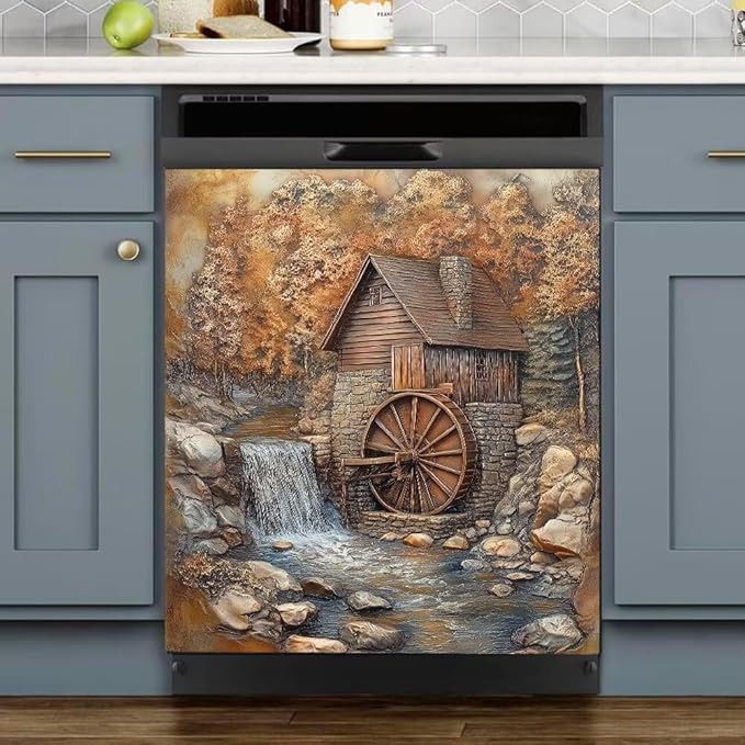 Rustic Water Mill Dishwasher Magnet Cover, Waterfall Scene with Cottage Refrigerator Magnetic Vinyl Sticker for Dishwasher Door, Decorative Kitchen Appliance Panel Decal, 23Wx26H Inches