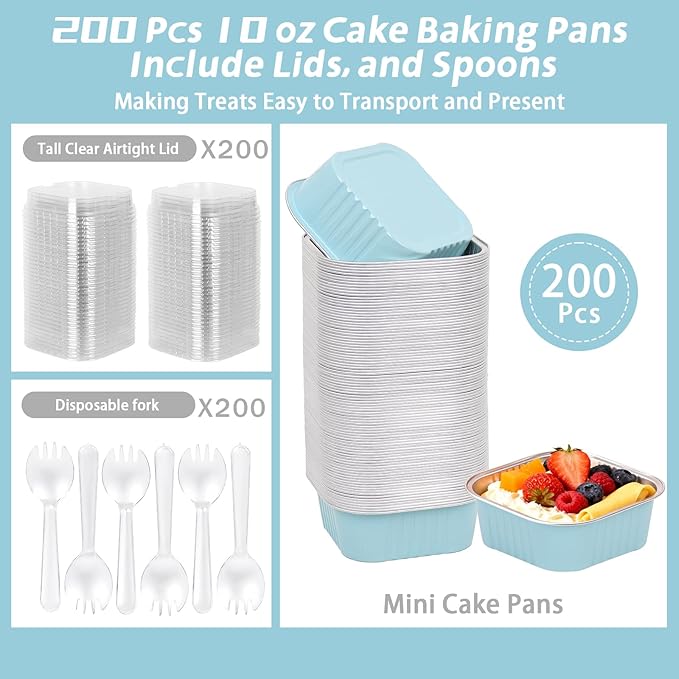 200 Pack 10 oz Square Mini Cake Pans with Lids, Disposable Aluminum Foil Baking Cups, Mini Ramekins for Brownies, Cupcakes, Cheesecake, Individual Desserts, Christmas Parties & Catering (Blue)