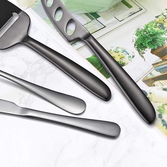 Black Cheese Knives Set with Dinning Knife Fork Spoon8 Pieces Stainless Steel Utensils Multifunctional Kitchen Gadget Baking Cooking Tool