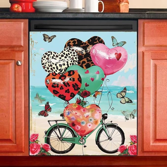 Dishwasher Magnet Cover, Heart Balloons Bicycle Butterfly Refrigerator Magnetic Vinyl Sticker for Dishwasher Door, Valentine's Day Decorative Kitchen Appliance Panel Decal, 23Wx26H Inches