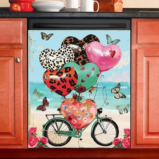 Dishwasher Magnet Cover, Heart Balloons Bicycle Butterfly Refrigerator Magnetic Vinyl Sticker for Dishwasher Door, Valentine's Day Decorative Kitchen Appliance Panel Decal, 23Wx26H Inches