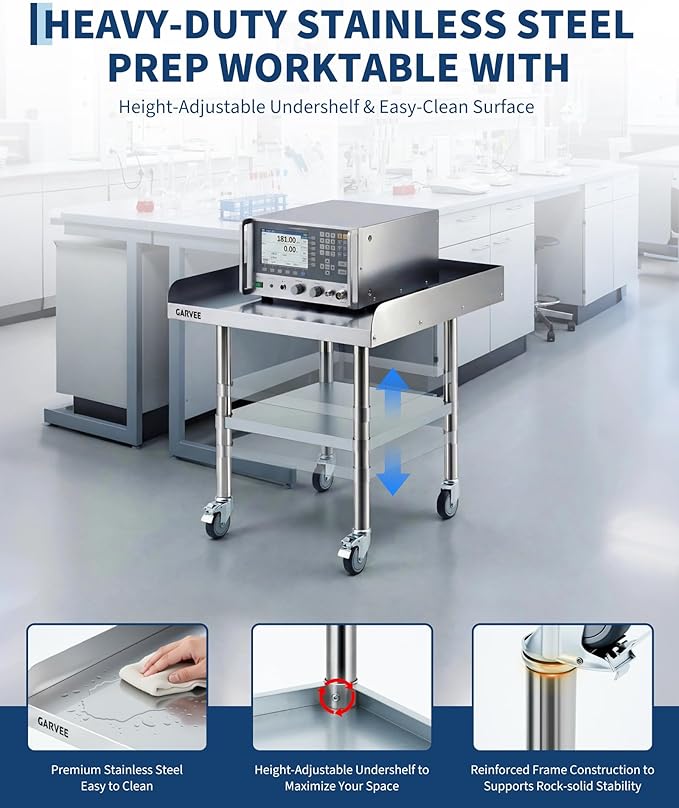 Garvee Stainless Steel Work Table, 24x30x26 Inch Commercial Food Prep Worktable with Wheels, Detachable 3-Sided Backsplash & Height-Adjustable Shelf, Heavy Duty Workbench for Kitchen Restaurant Garage