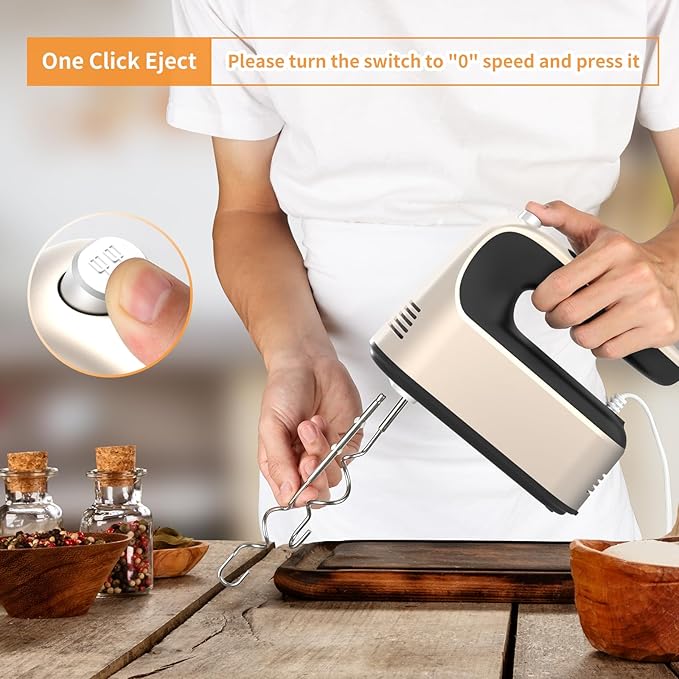 9-Speed Digital Hand Mixer Electric, 400W Powerful DC Motor, Hand Mixer Electric Handheld with Snap-On Storage Case, 5 Stainless Steel Accessories, Beaters, Dough Hooks, Whisk(Champagne Gold)