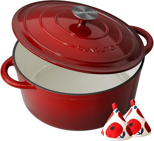 Enameled Cast Iron Dutch Oven - 6QT Pot with Lid & Cotton Potholders - Heavy-Duty Cookware for Braising, Stews, Roasting, Bread Baking, Oven Safe up to 500°F & Suitable for All Cooktops, Cherry Red