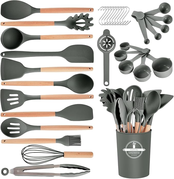 Kitchen Utensils Set - 34 PCS Non-Stick Silicone Cooking Utensils Set Spatula Set with Holder, Wooden Handle Spoon,Brush,Whisk Kitchen Gadgets Tools Set for Nonstick Cookware (Gray-34P)