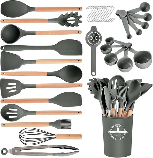Kitchen Utensils Set - 34 PCS Non-Stick Silicone Cooking Utensils Set Spatula Set with Holder, Wooden Handle Spoon,Brush,Whisk Kitchen Gadgets Tools Set for Nonstick Cookware (Gray-34P)