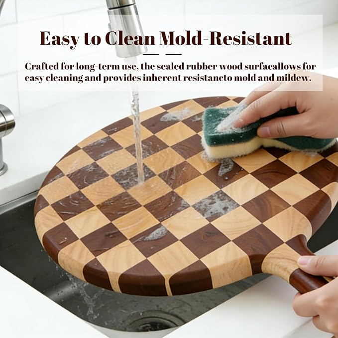 Checkered Round Cutting Board with Handle for Kitchen Decor, 17"L x 13"W x 1" Thick – Wooden Chopping, Cheese & Charcuterie Board in Acacia Wood, Decorative Serving Platter for Meat, Bread & Pizza