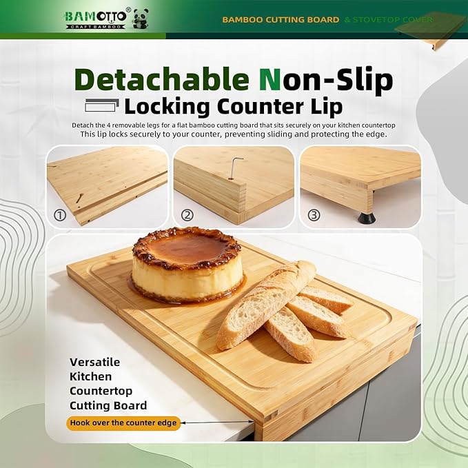 16 x 22 Inch Bamboo Cutting Board, Over-the-Sink Board and Stovetop Cover with Detachable Support Legs & Front Lip, for RV Camper and Home Kitchen