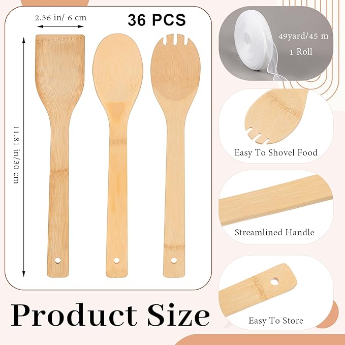 108 Pcs Bamboo Spatula Wooden Kitchen Utensil Bulk 12''wood Spoon Spatula for Cooking with Ribbon Bridal Baby Shower Game Prize Wedding Party Favors Housewarming Gift (Natural Style)