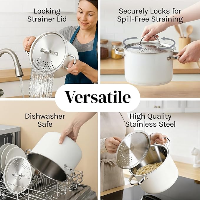 Pasta Pot with Strainer Lid - 5.5 Quart Large Spaghetti Pot - Twist & Lock for Easy Drain & No Colander Or Strainer Basket Insert Needed - Dishwasher Safe Pots