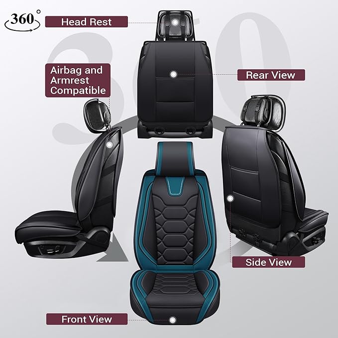 OASIS AUTO Car Seat Covers Full Set, Sporty Faux Leather with Honeycomb Pattern, Waterproof Universal Fit for SUV, Sedan, Pick-up Truck, Automotive Interior Accessories (OS-004 Black&Teal)