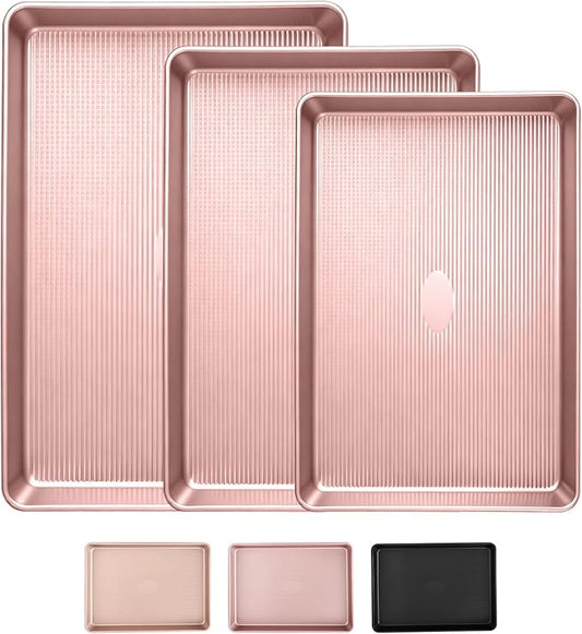 Nonstick Baking Sheet Pan Set of 3, Heavy Duty Cookie Sheets for Oven with Stripe Texture Pattern, 0.6mm Thick Quarter/Half/Jelly Roll Pans, Rust-Resistant & Easy Clean (Pink)