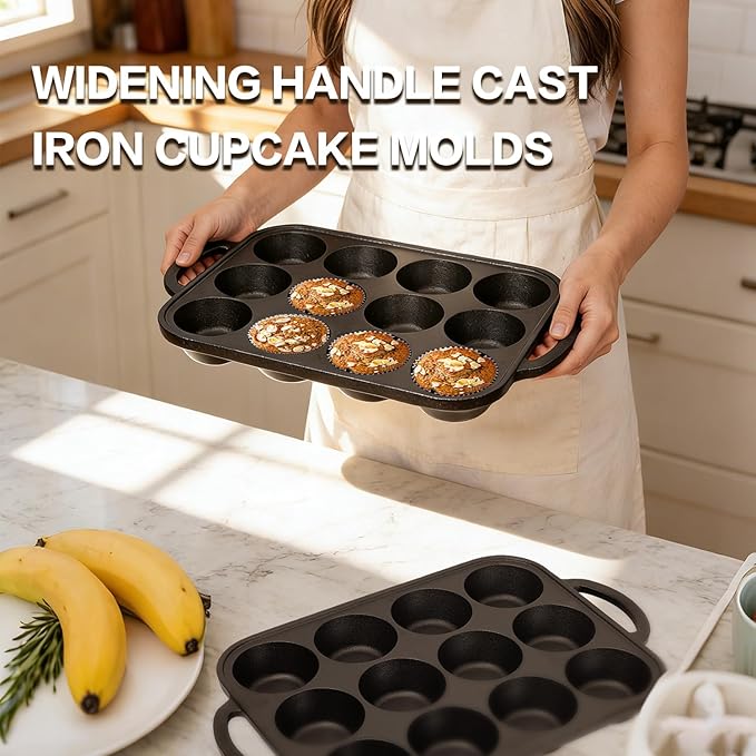 2pack Cast Iron Muffin Pans for Baking 12 Cup Regular Size Cupcake Pan with Handle Pre-Seasoned Muffin Pans Molds