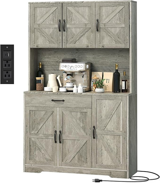 71" Pantry Cabinet with Charging Station, Large Capacity Kitchen Hutch Storage Cabinet, Kitchen Cabinet with Microwave Stand, Storage Drawers & Adjustable Shelves for Dining Room, Grey