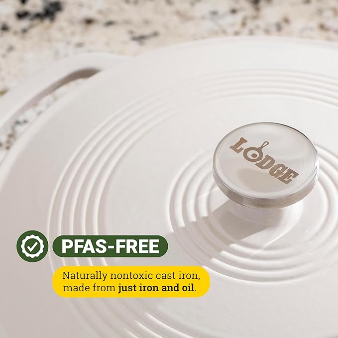 Lodge 3.6 Quart Enameled Cast Iron Round Casserole With Lid– Dual Handles – Oven Safe up to 500° F or on Stovetop - Use to Marinate, Cook, Bake, Refrigerate and Serve – Oyster White