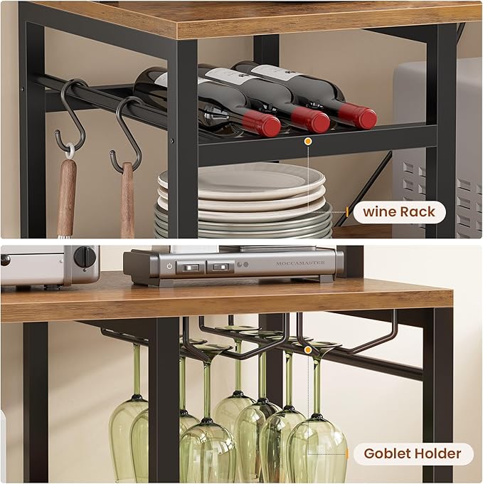 Itaar Bakers Rack with Power Outlet and LED Light, 47.2'' Microwave Stand with Storage, Kitchen Coffee Bar Cabinet with Glass Door, 4 Drawer, Wine Rack, Goblet Holder and 12 Hooks, Rustic Brown