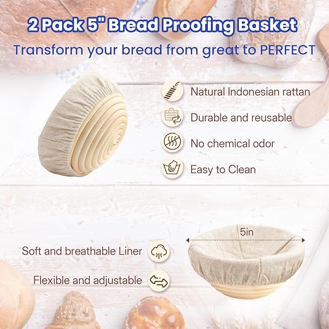 YONILL Mini Double Dutch Oven for Sourdough Bread Baking - Enameled Cast Iron Dutch Oven Pot with Lid and 5" Banneton Bread Proofing Basket Kit, Dual Round Bread Loaf Pan for Homemade Baking (Dark Blue)