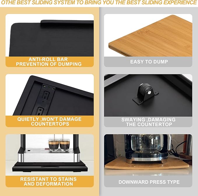 MinBoo Bamboo Appliance Slider,Sliding Tray for Coffee Maker, Kitchen Countertop Appliance Rolling Tray,Slides Easily from Under The Cabinet,Black- Medium (14" Wx13 D)