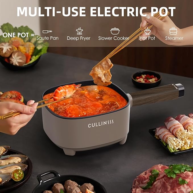 2L Hot Pot Electric with Steamer, Portable Electric Pot with Upgrade Titanium Nonstick Coating for Dorm, Office, Travel, Multi Cooker Pot for Ramen, Soup, Oatmeal (Tongs Included)